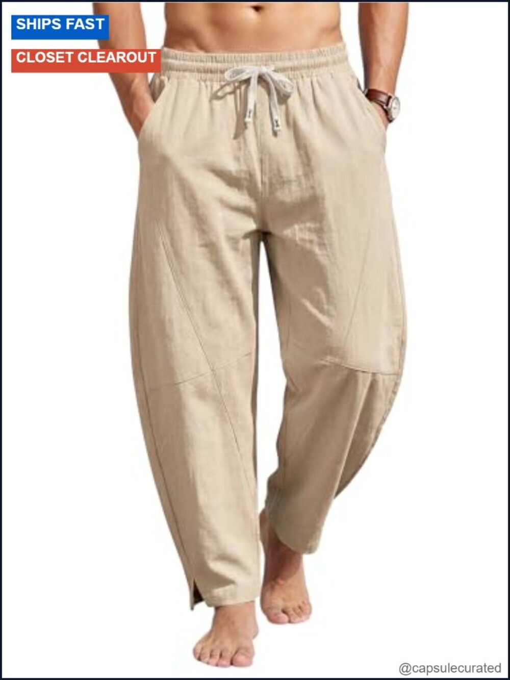 Cotton Linen Men's Harem Pants Lightweight Casual Beach Trousers Drawstring